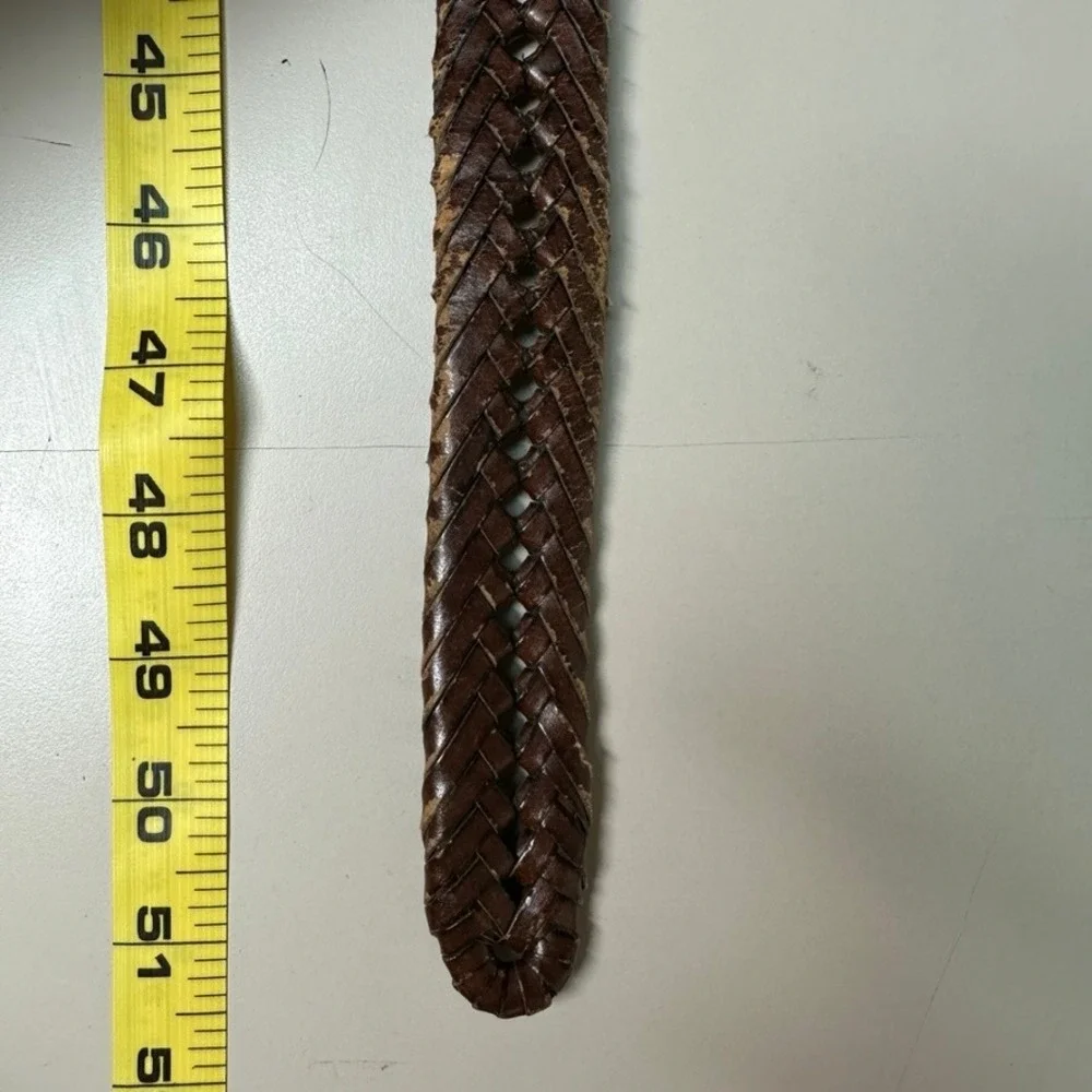 Brown Braided Leather Belt Mens 44 Silver Buckle Woven RN130273 51 Inch